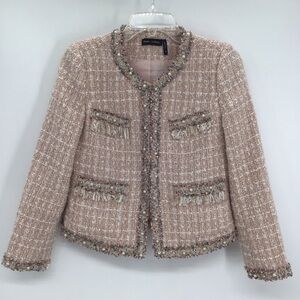 Stella + Lorenzo Tweed Boucle Fringe Embellished Blazer Jacket Blush Size XS